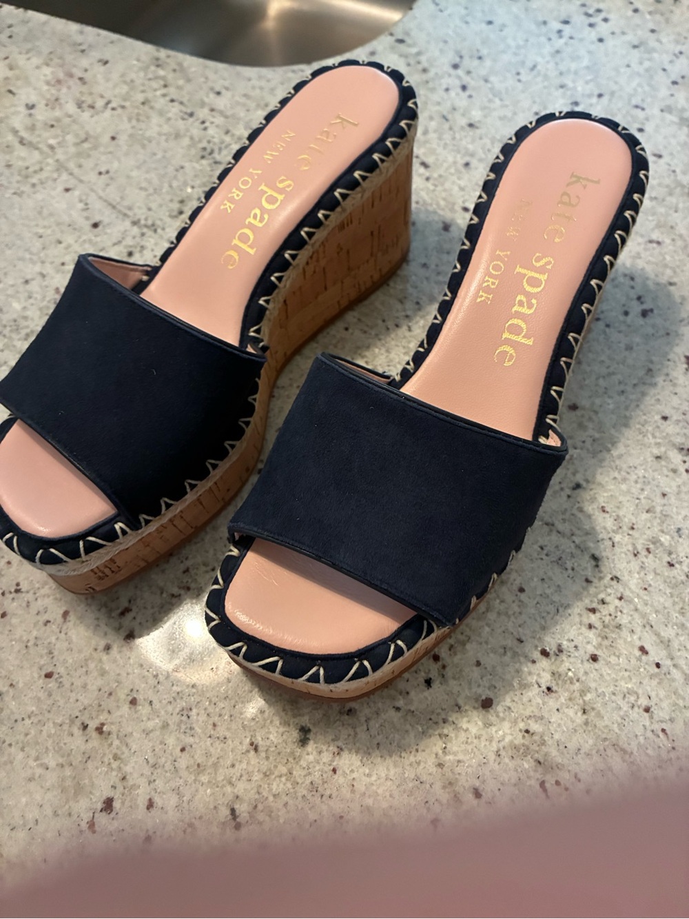 kate spade Navy and Pink Cork Wedge Slide Sandals